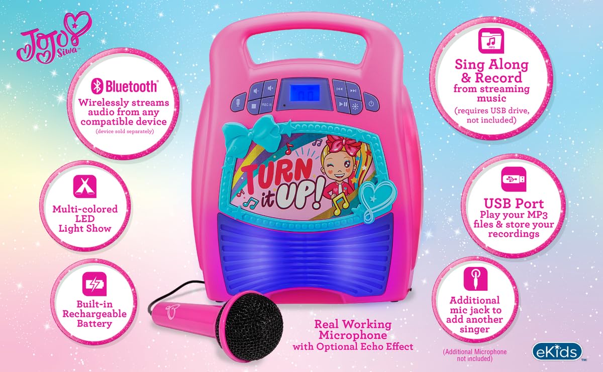 ekids JoJo Siwa Bluetooth Karaoke Machine, Portable Bluetooth Party Speaker with Microphone for Kids, Speaker with USB Port to Play Music
