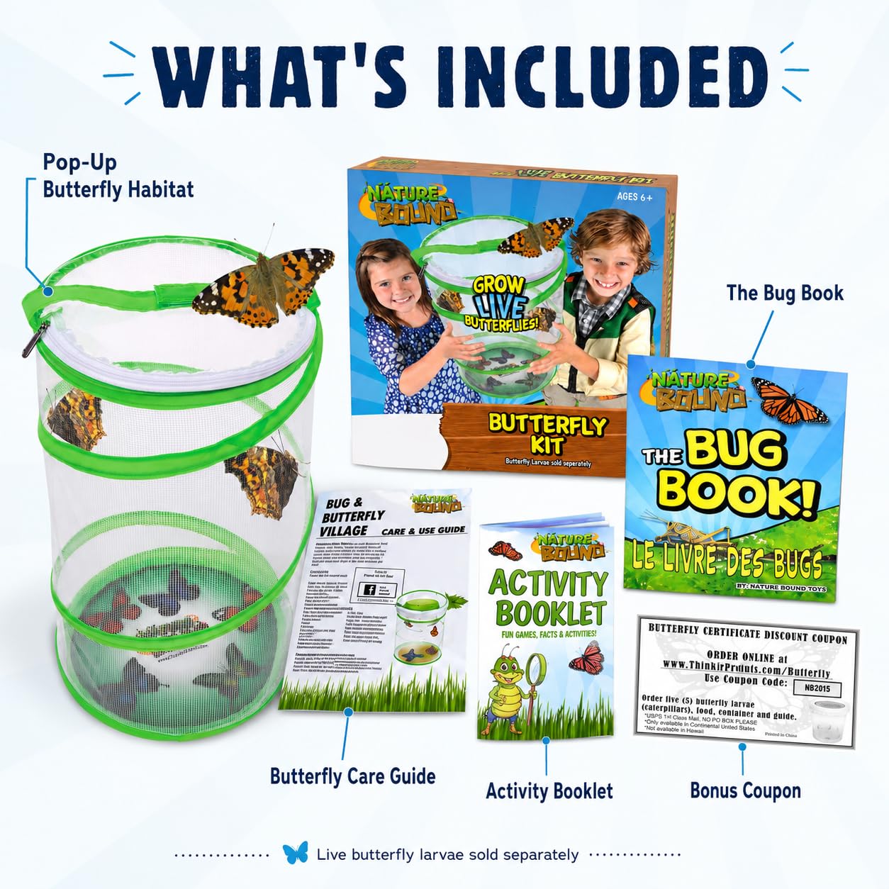 Nature Bound Butterfly Growing Kit - Live Caterpillar to Butterfly Project for Kids - Includes Voucher for Caterpillars, Green Pop-Up Enclosure,