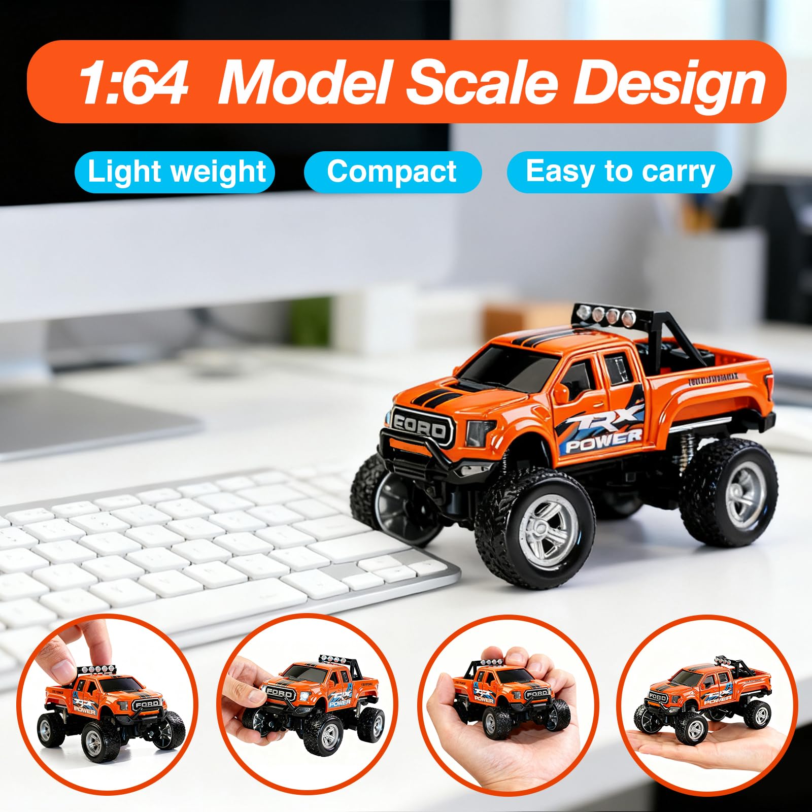 NICETHUMB Mini RC Truck, 1/64 Scale Alloy Monster Truck Remote Control Car