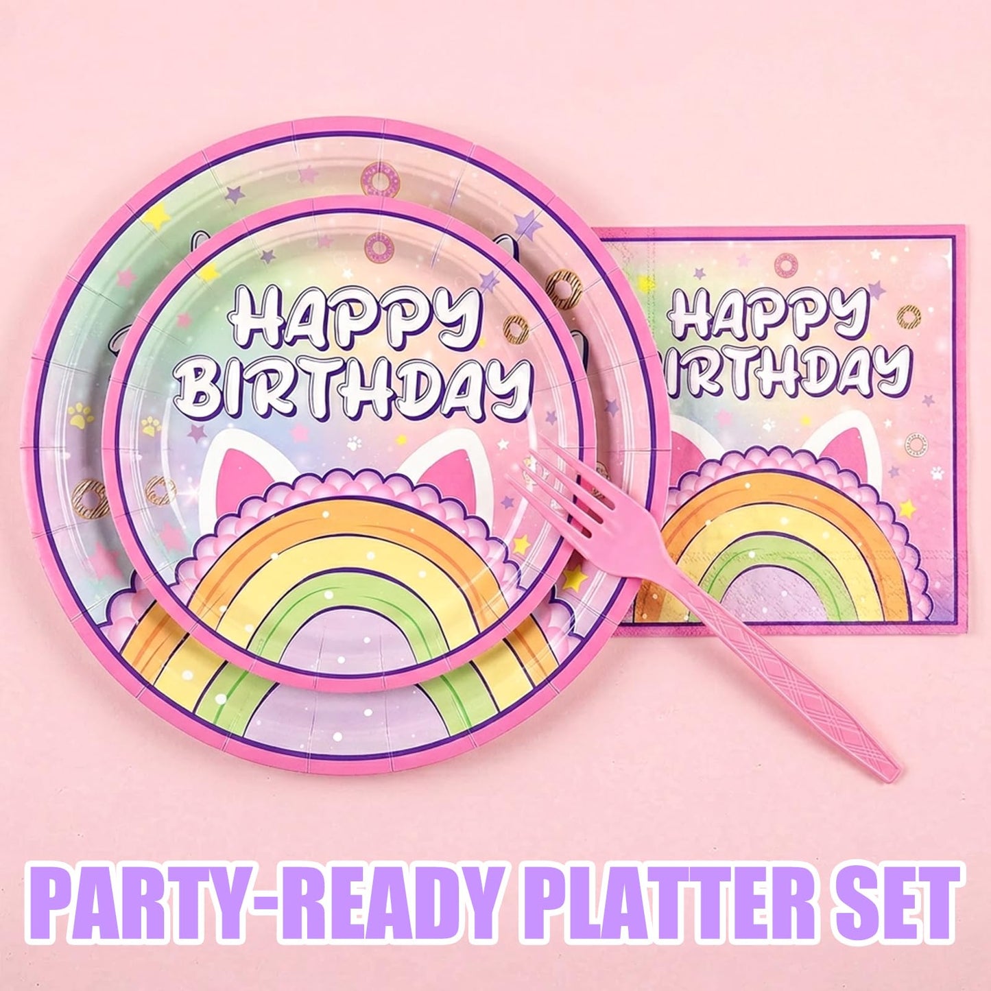 Uywgaun 96 Pcs Cat Birthday Party Decorations Paper Party Plates and Napkins for Cat Themed Party Supplies Dessert Tableware Set for Kids Birthday