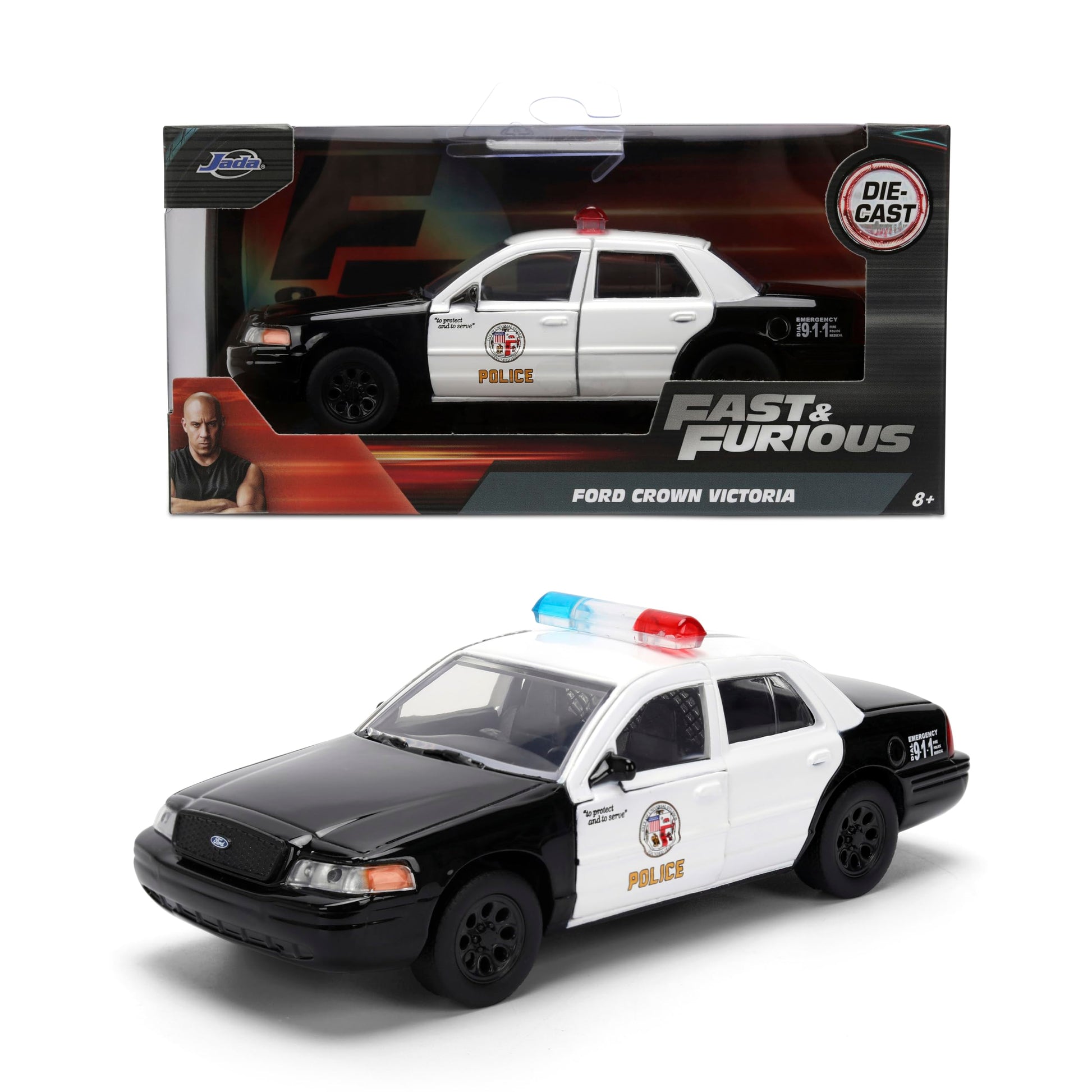 Jada Fast & Furious Ford Crown Victoria Diecast Car Toys - 1:32 Scale Police Vehicle with Opening Doors - Movie Replica for Fans and Collectors