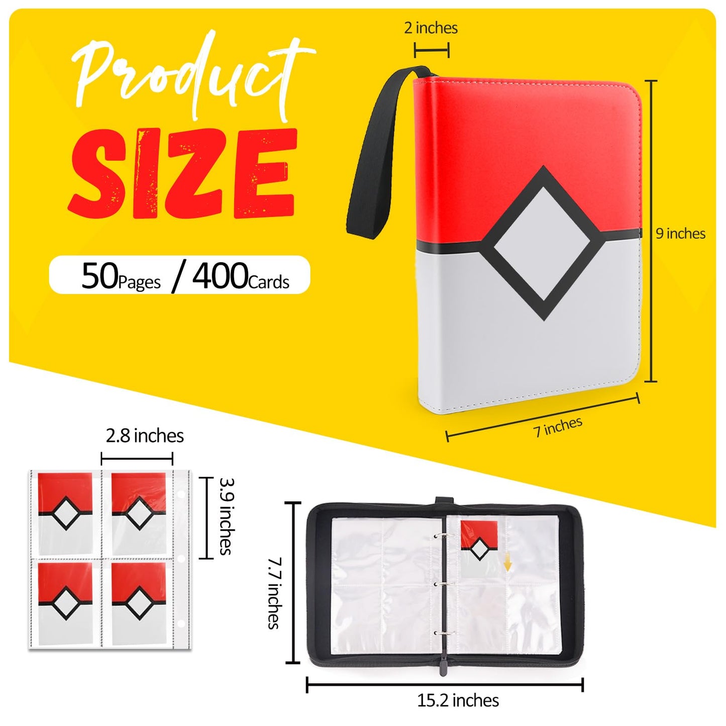 Trading Card Binder 4-Pockets, Card Binder Fits 400 Cards with 50 Removable Sleeves, Card Folder for MTG, TCG, Game Cards & Sports Cards-Red