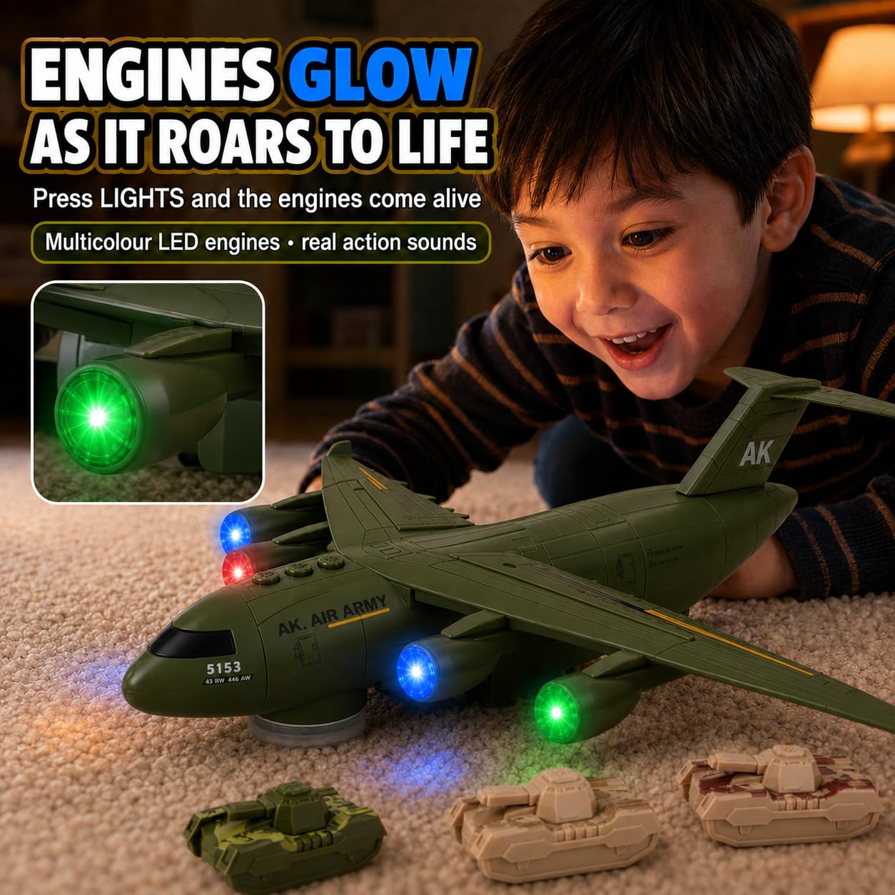 Military Transport Aircraft | Kids Airplane Toy with Light and Sound Effects | Cargo Plane Toy in Army Green | Army Toys for Boys | Military Toys