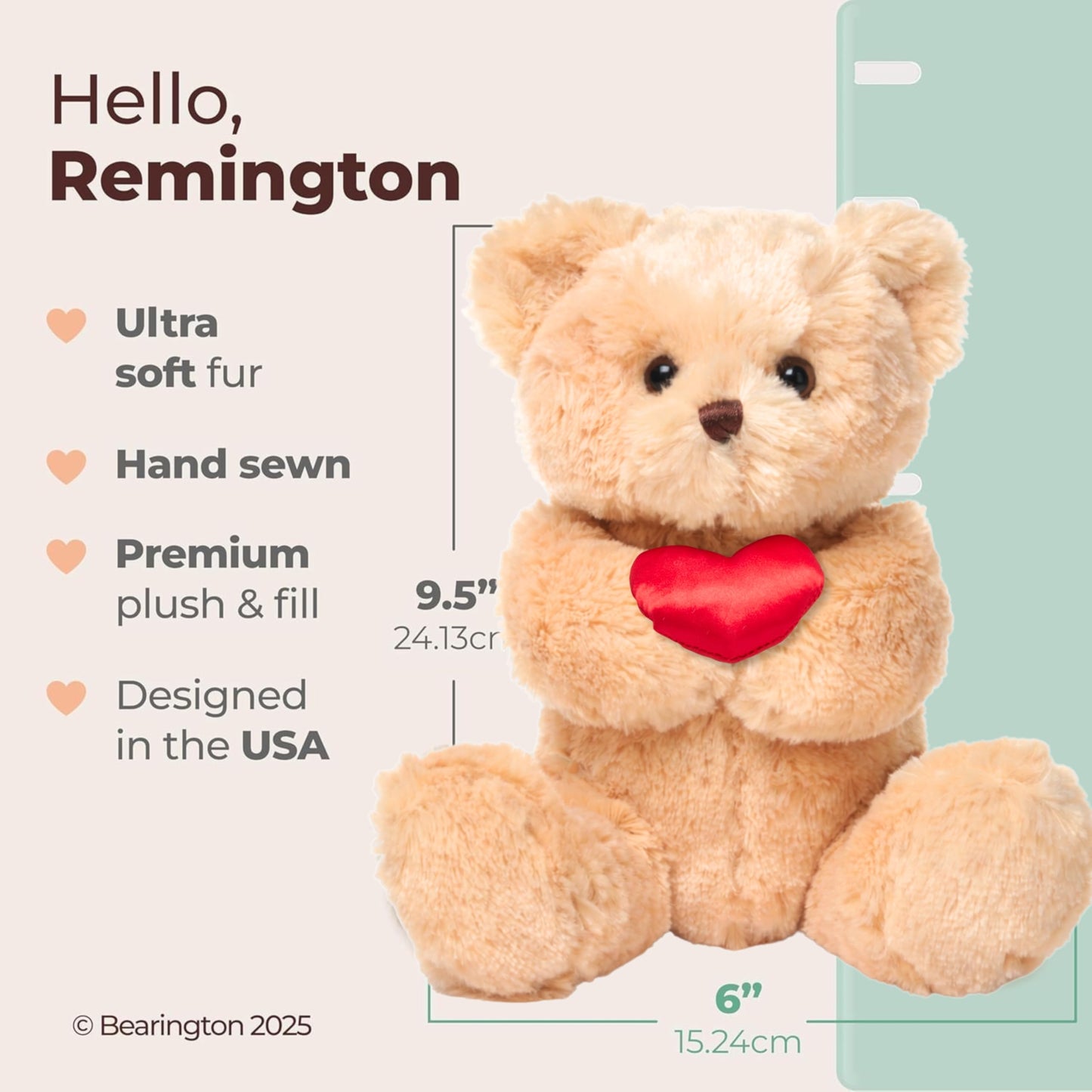 Bearington Remington Teddy Bear - 9.5" Soft and Cuddly Valentines Day Stuffed Animals - Adorable Bear Stuffed Animal Plush Gift