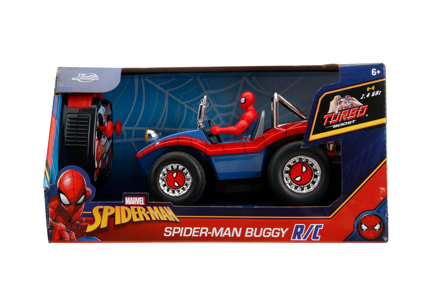 Jada Spider-Man Buggy RC with Non-Removable Spider-Man Figure - 7", Turbo Button, Full-Function Remote Control, Ages 6+, Red/Blue
