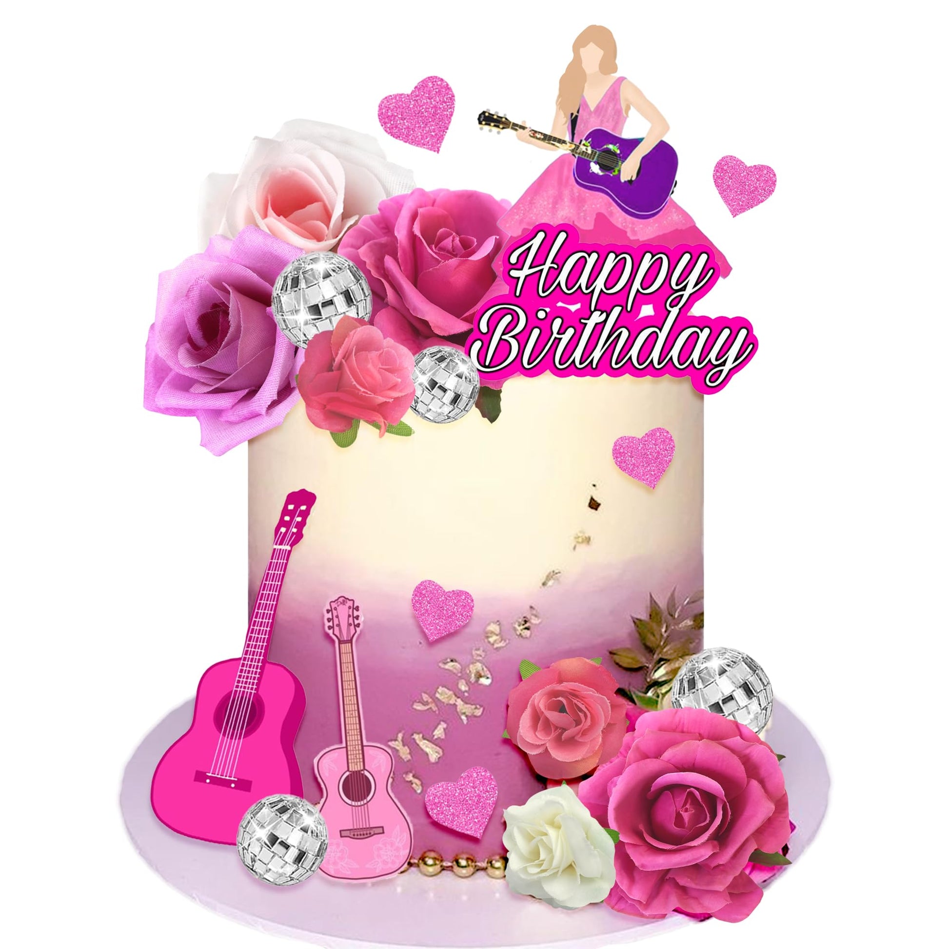 18 PCS Music Cake Toppers Pink Birthday Cake Topper and Guitar Flower Cake Topper for Music Birthday Decorations Supplies