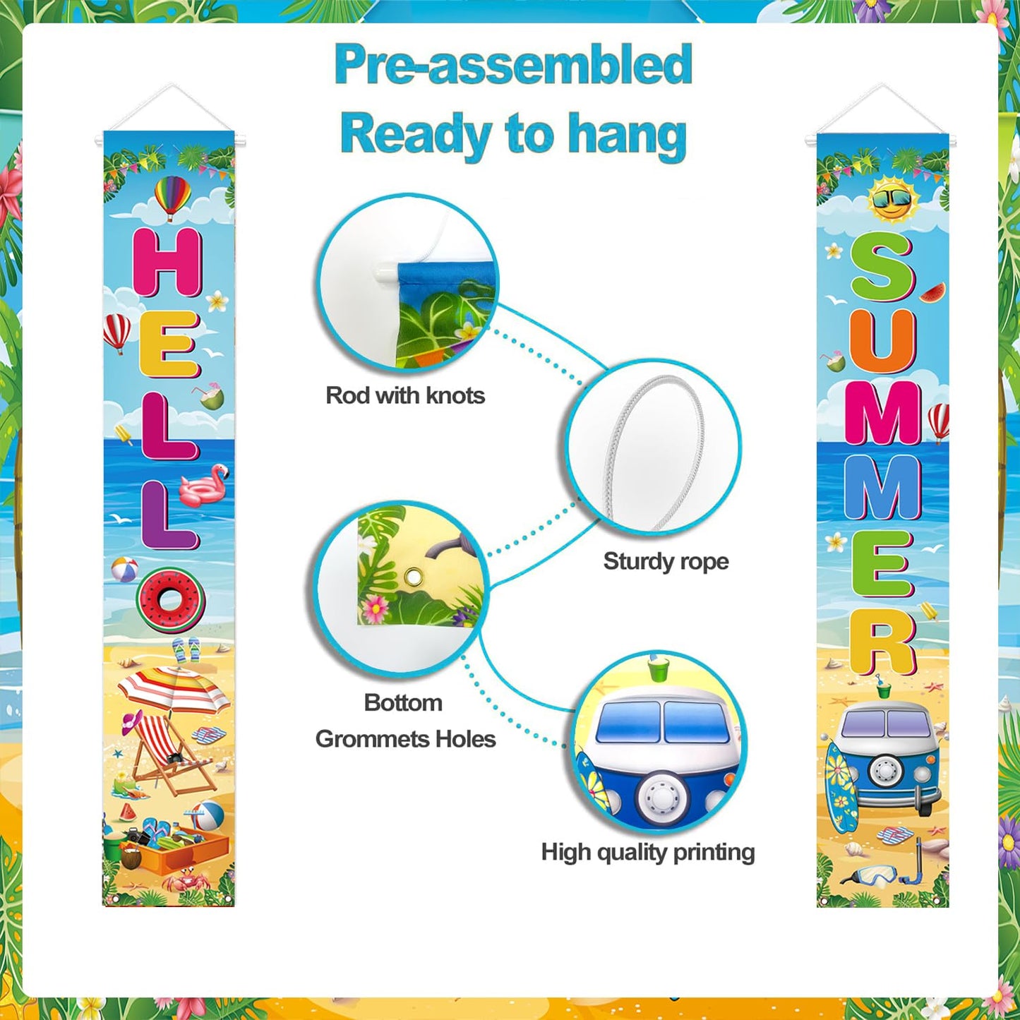 Hello Summer Porch Sign, 2 Pcs Beach Pool Hawaiian Luau Door Banners, 71 x 12 Inch