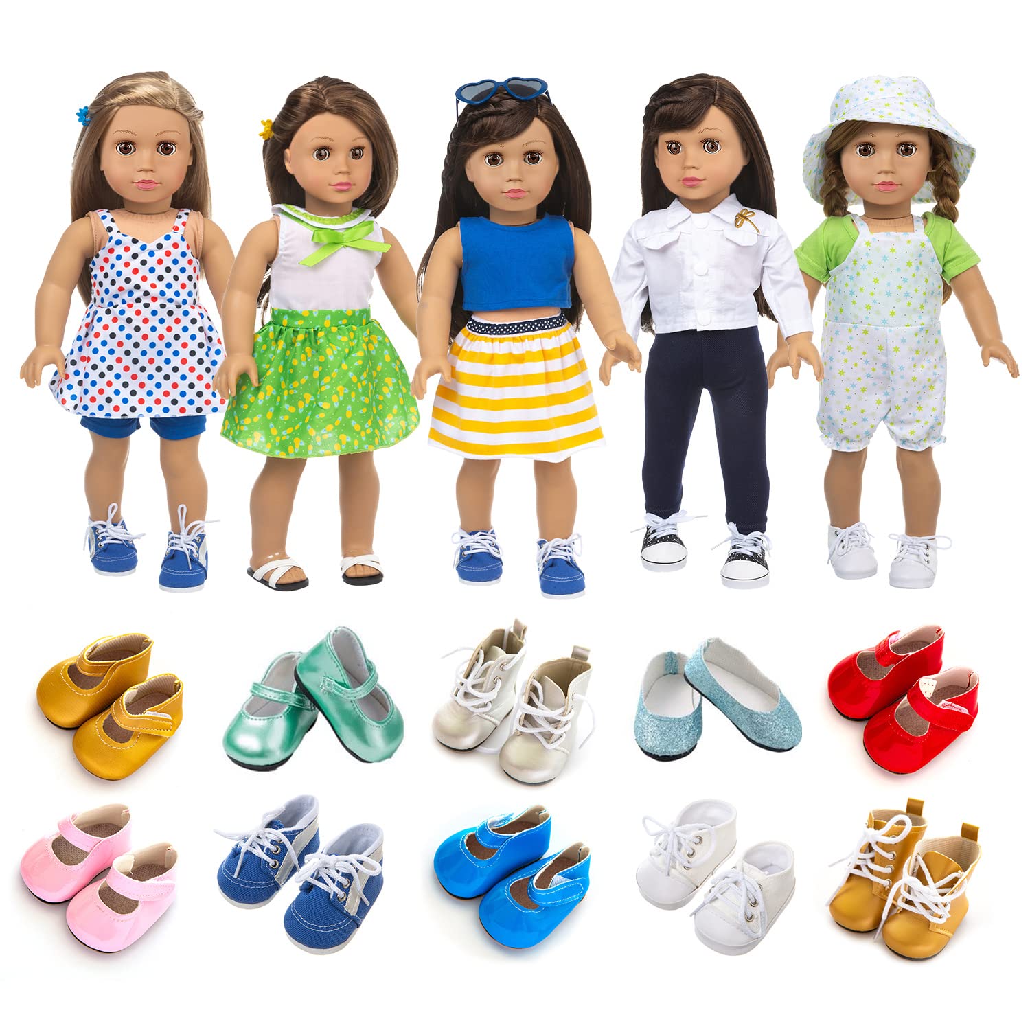 XFEYUE American 18 Inch Doll Clothes and Accessories 5 Sets Doll Clothes Dress Outfits + 2 Random Style Shoes