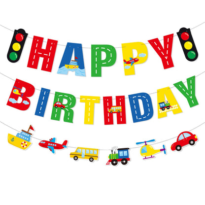 Faisichocalato Transportation Happy Birthday Banner Car Bus Train Plane Ship Helicopter Traffic Light Photo Props Garland for Kids Transportation
