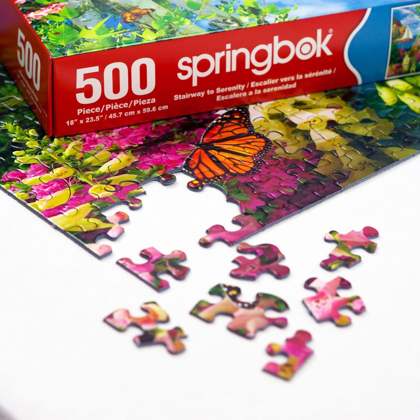 Springbok Stairway to Serenity 500 Piece Jigsaw Puzzle for Adults by Arist Alan Giana - Colorful Garden by The Ocean - Finished Size 23.5" x 18"