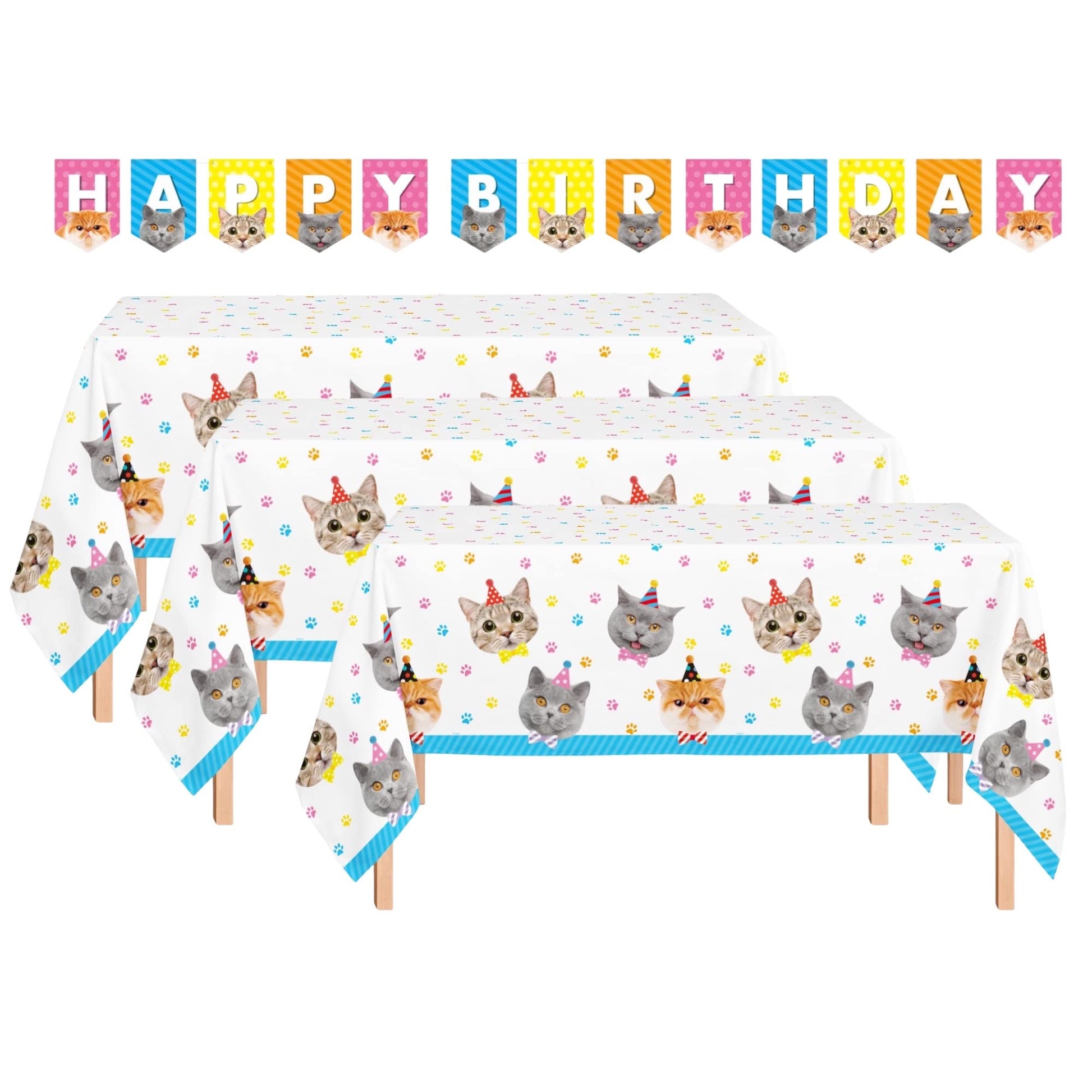 Oojami Cat Party Tablecloth 3 Pack 54"x108" with Happy Birthday Banner
