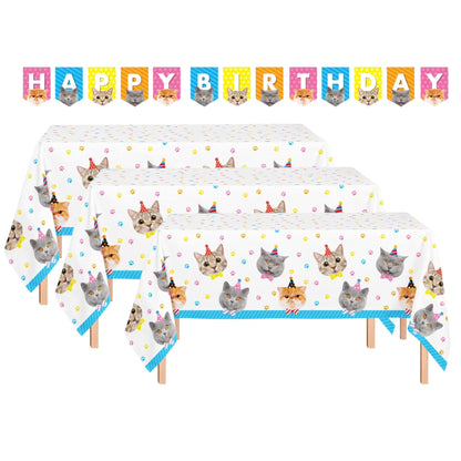 Oojami Cat Party Tablecloth 3 Pack 54"x108" with Happy Birthday Banner