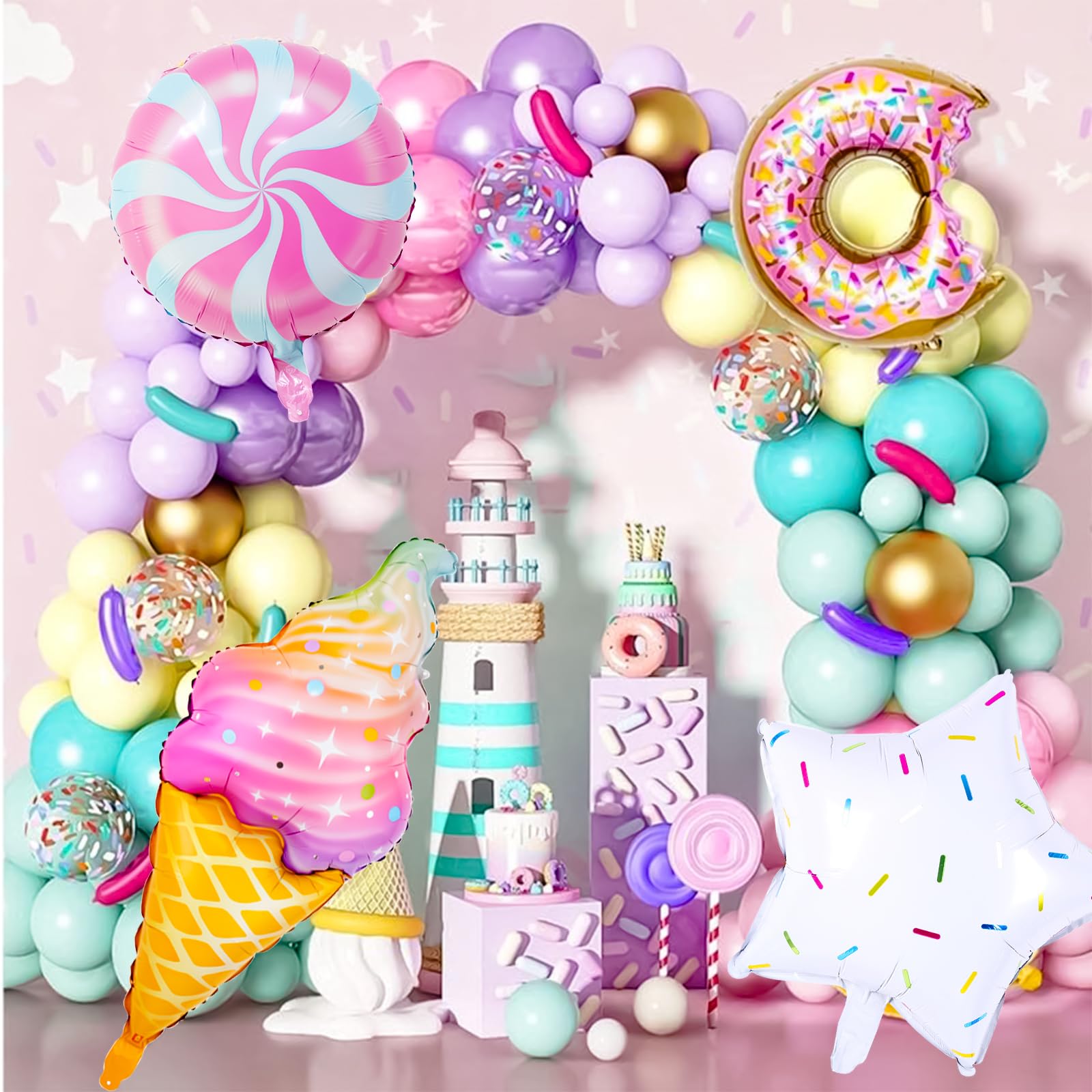 Pink Purple Blue Green Yellow Macaron Latex Balloons, Foil Donut Ice Cream Candy Balloon Sweet One Backdrops for Girls Women Birthday Party