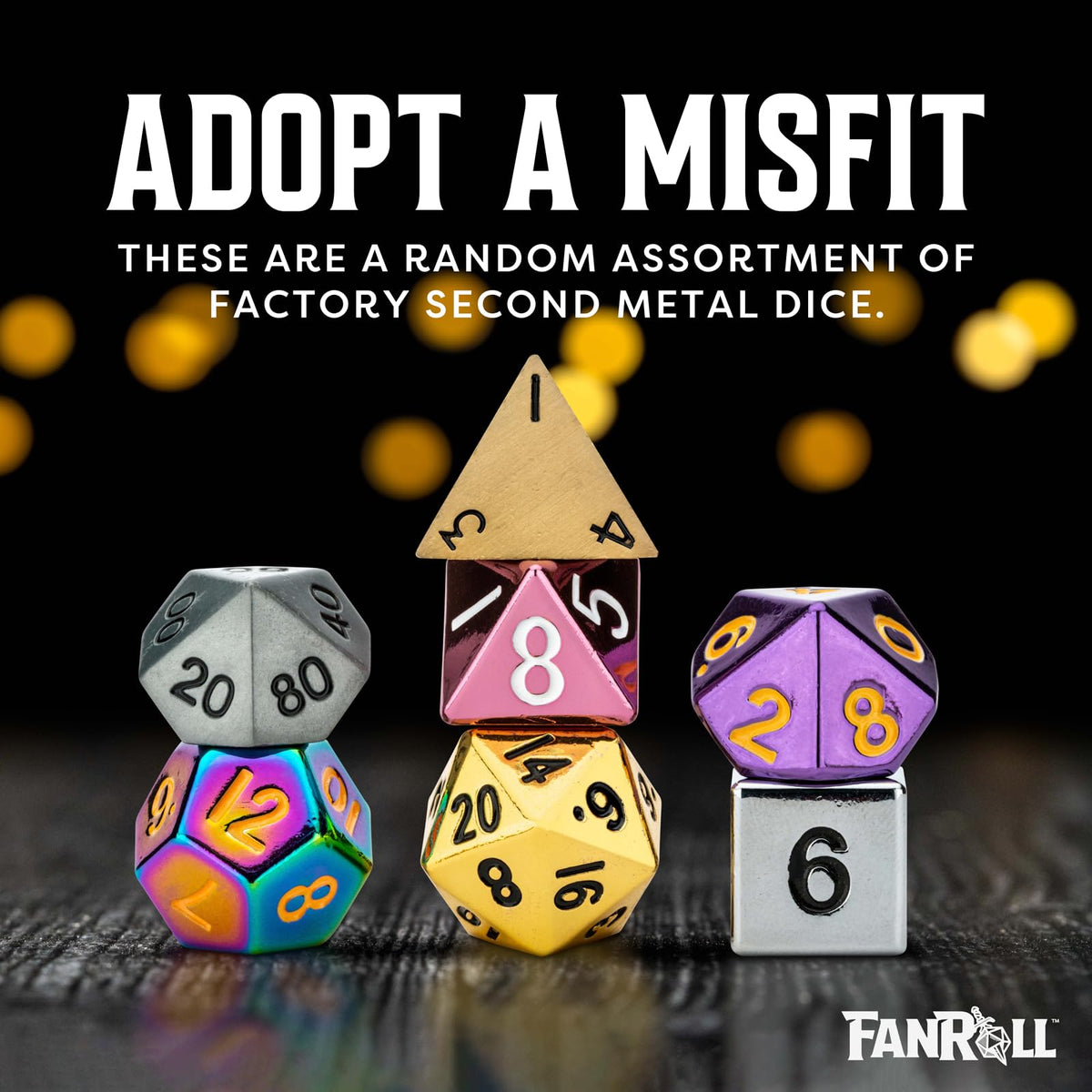 FanRoll Mystery Misfit Metals: Bag of 7 Assorted Polyhedral 16mm Metal Dice