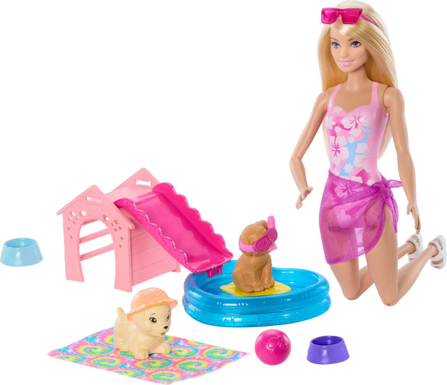 Barbie Puppy Pool Party Playset with Doll, Dog House and Slide, Heart Shaped Pool, Two Dog Figures, Six Accessories and Color Change, JBF35