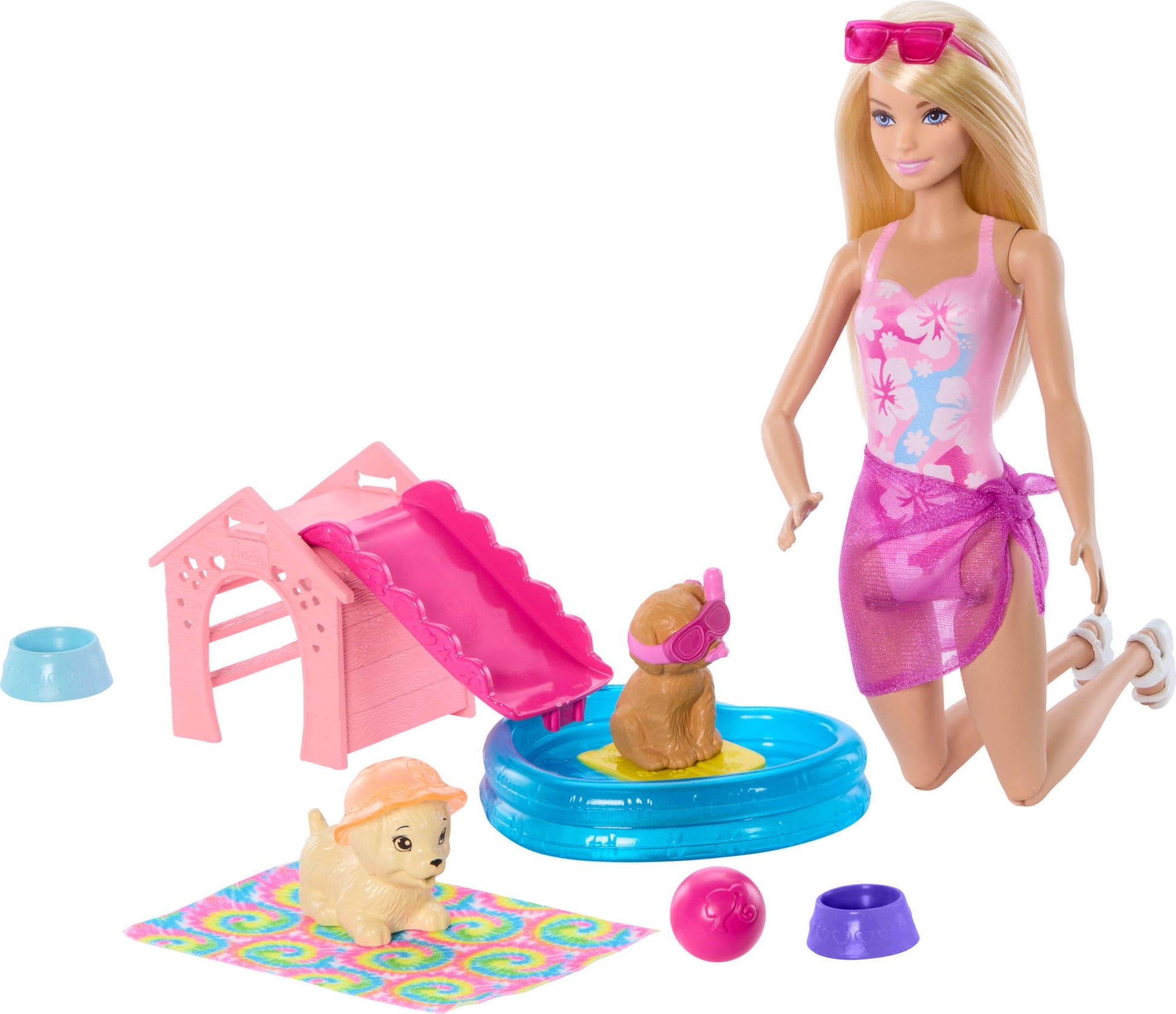 Barbie Puppy Pool Party Playset with Doll, Dog House and Slide, Heart Shaped Pool, Two Dog Figures, Six Accessories and Color Change, JBF35