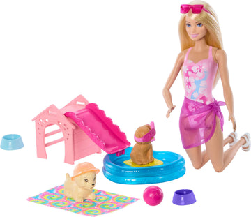 Barbie Puppy Pool Party Playset with Doll, Dog House and Slide, Heart Shaped Pool, Two Dog Figures, Six Accessories and Color Change, JBF35