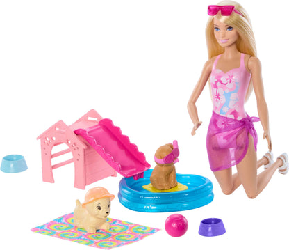 Barbie Puppy Pool Party Playset with Doll, Dog House and Slide, Heart Shaped Pool, Two Dog Figures, Six Accessories and Color Change, JBF35