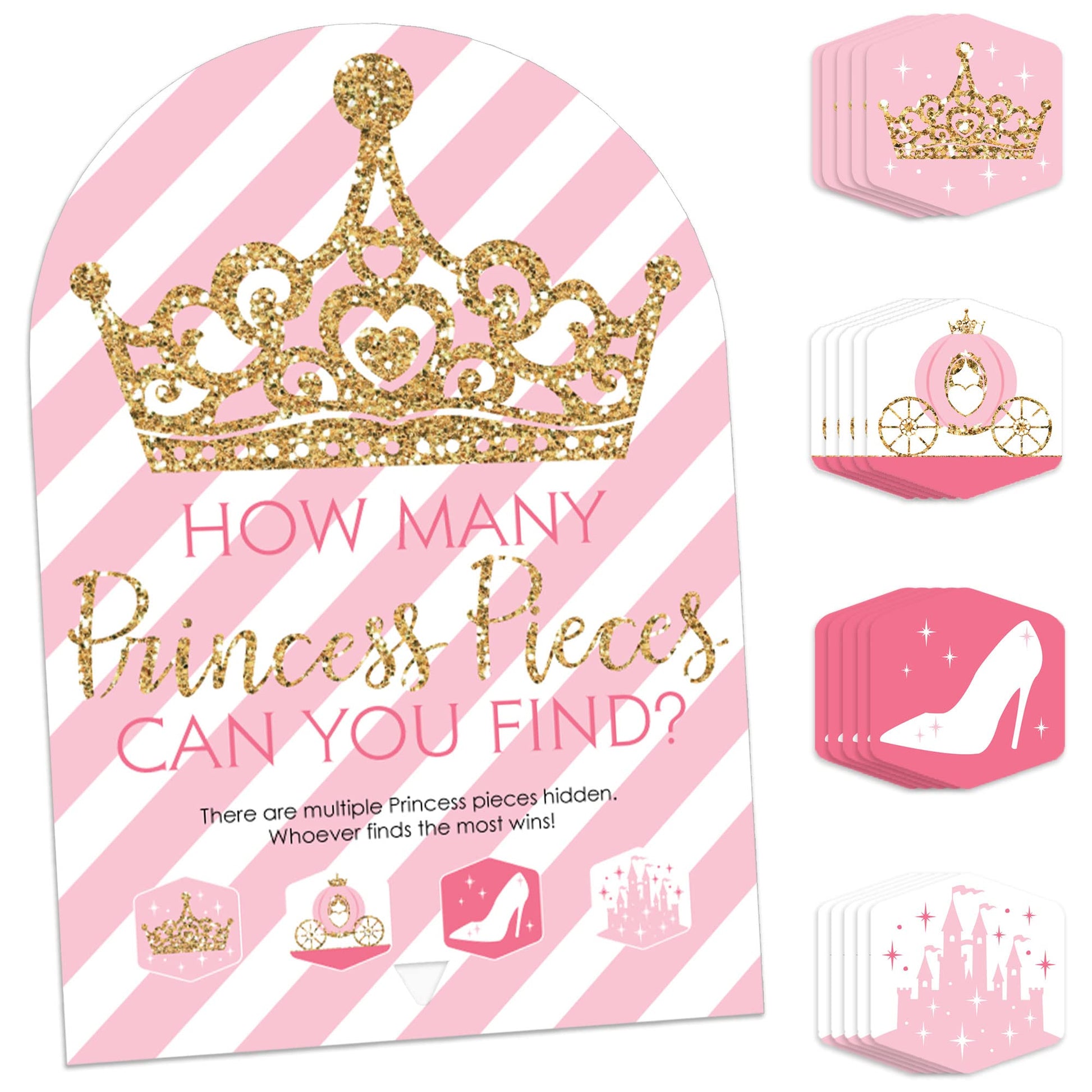 Big Dot of Happiness Little Princess Crown - Pink and Gold Princess Baby Shower or Birthday Party Scavenger Hunt - 1 Stand and 48 Game Pieces - Hide