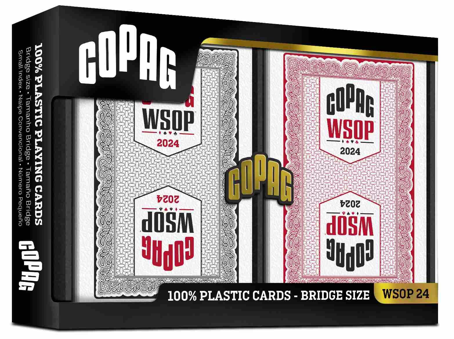 Copag WSOP 2024 Traditional Design 100% Plastic Playing Cards - Narrow Size (Bridge) Regular Index Black/Red Double Deck Set