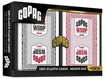 Copag WSOP 2024 Traditional Design 100% Plastic Playing Cards - Narrow Size (Bridge) Regular Index Black/Red Double Deck Set