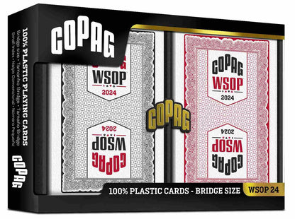 Copag WSOP 2024 Traditional Design 100% Plastic Playing Cards - Narrow Size (Bridge) Regular Index Black/Red Double Deck Set
