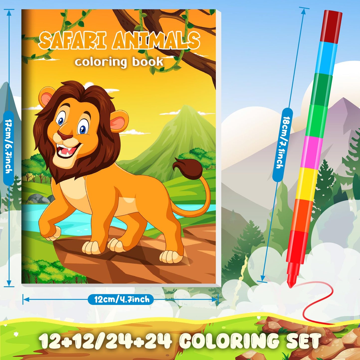 BenLouis 12 Jungle Safari Mini Coloring Books Kids with 12 Stacking Crayons Zoo Animals Lion Party Favors Small Activity Books Bulk for Kids Wild One