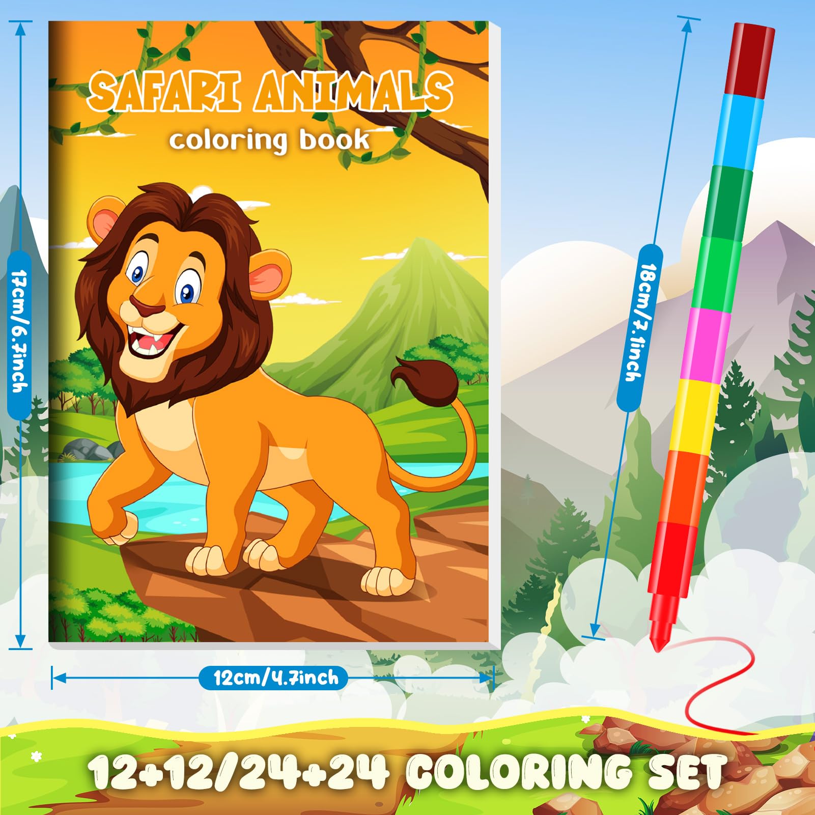 BenLouis 12 Jungle Safari Mini Coloring Books Kids with 12 Stacking Crayons Zoo Animals Lion Party Favors Small Activity Books Bulk for Kids Wild One