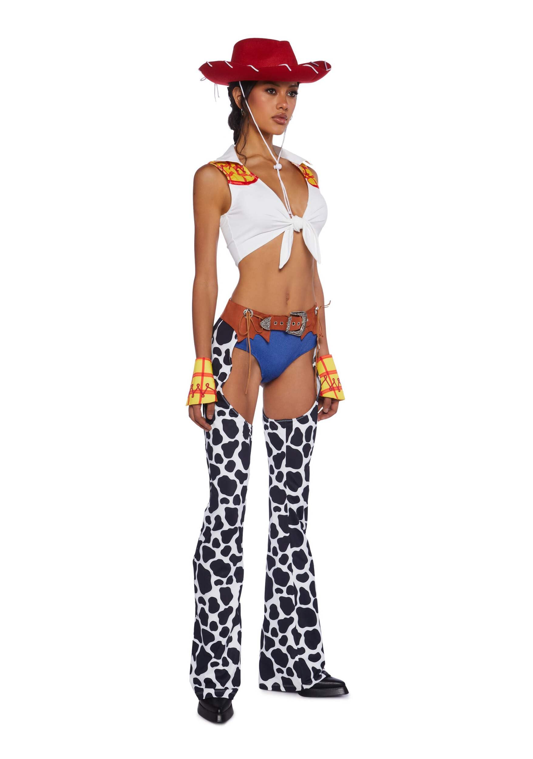 Dolls Kill Round ‘Em Up Cowgirl Doll Costume Set by Trickz N’ Treatz - Women’s Plaid Top with Cow Print Chaps, Hat & Belt, Multi, X-Small