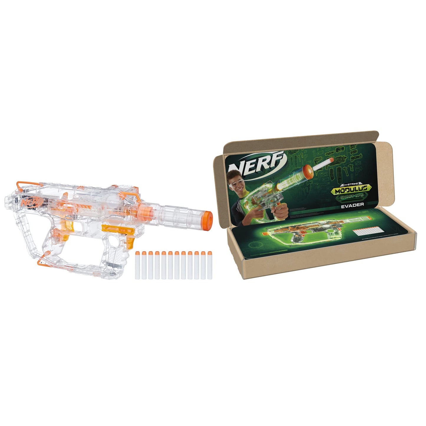 Nerf Modulus Ghost Ops Evader Motorized Blaster - Light-Up See-Through Blaster and Barrel Extension, Includes 12 Official Nerf Elite Darts (Amazon