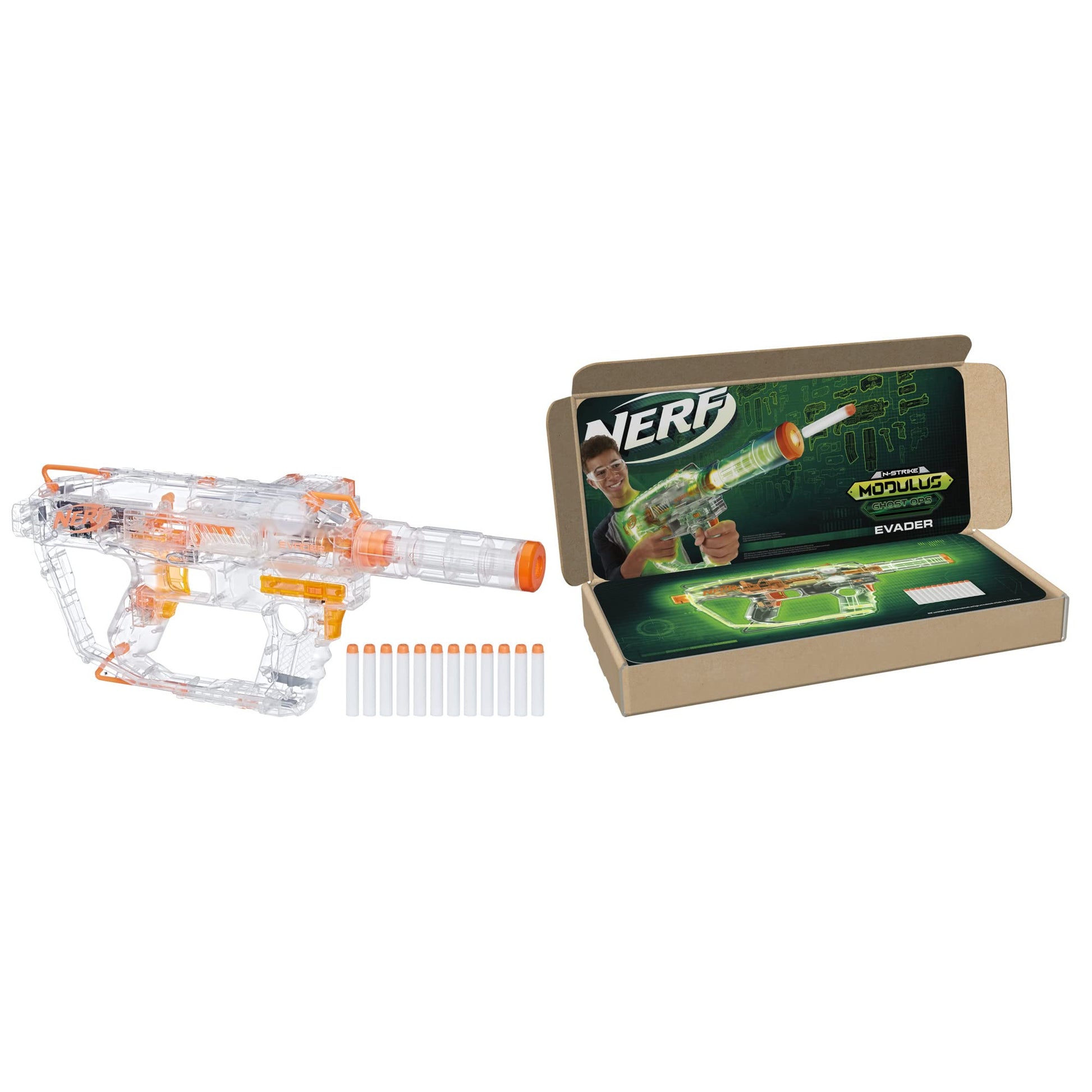 Nerf Modulus Ghost Ops Evader Motorized Blaster - Light-Up See-Through Blaster and Barrel Extension, Includes 12 Official Nerf Elite Darts (Amazon