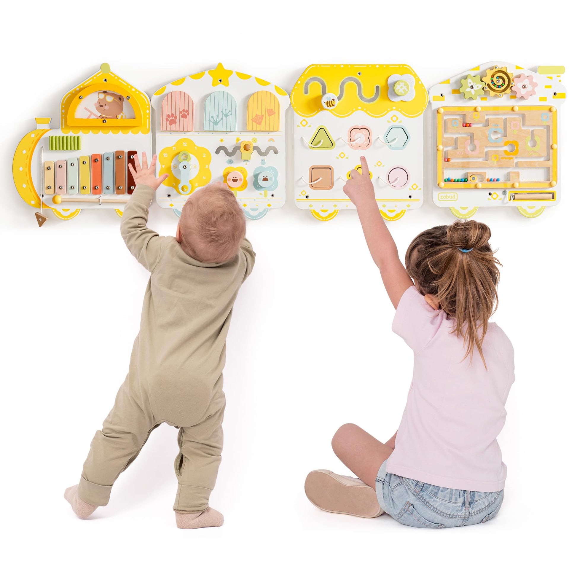 ROBUD Activity Wall Busy Board, Spring Train Montessori Busy Board, 12-in-1 Wooden Sensory Wall Panel, Montessori Sensory Wall Panel for Boys & Girls
