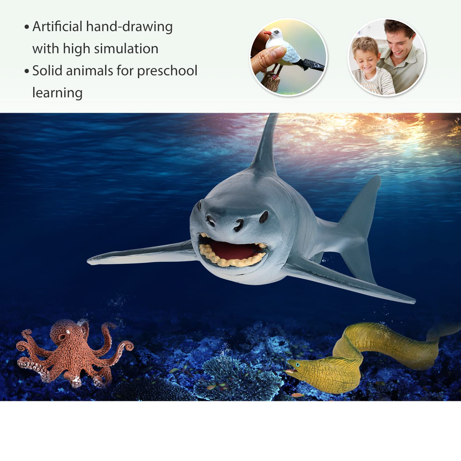 Volnau Sea Creature Toys 9PCS Pacific Ocean Animal Figurines Shark Fish for Toddlers Kids Christmas Decoration Gift Plastic Preschool Pack and Bath