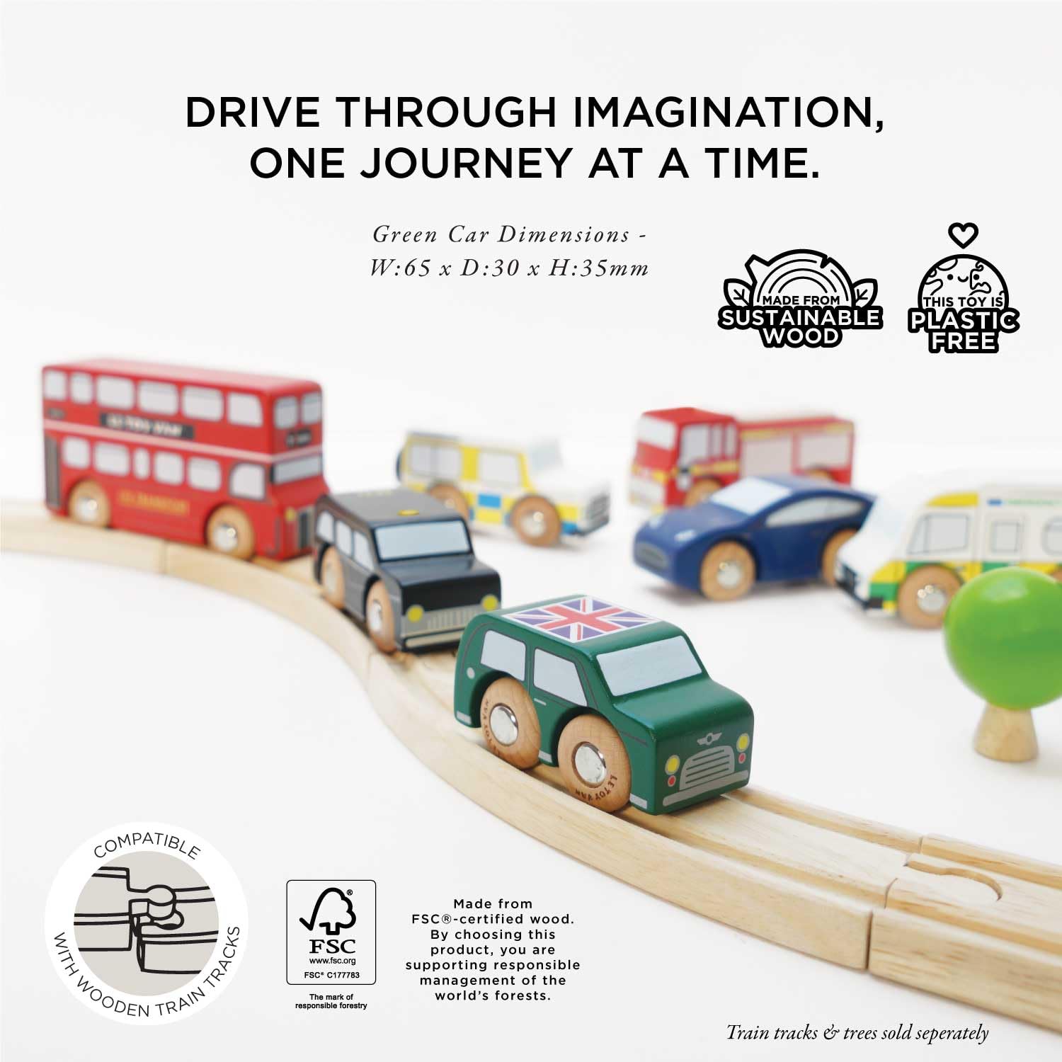 Le Toy Van London Car Set Premium Wooden Toys for Kids Ages 3 Years & Up (TV267), 7-pk