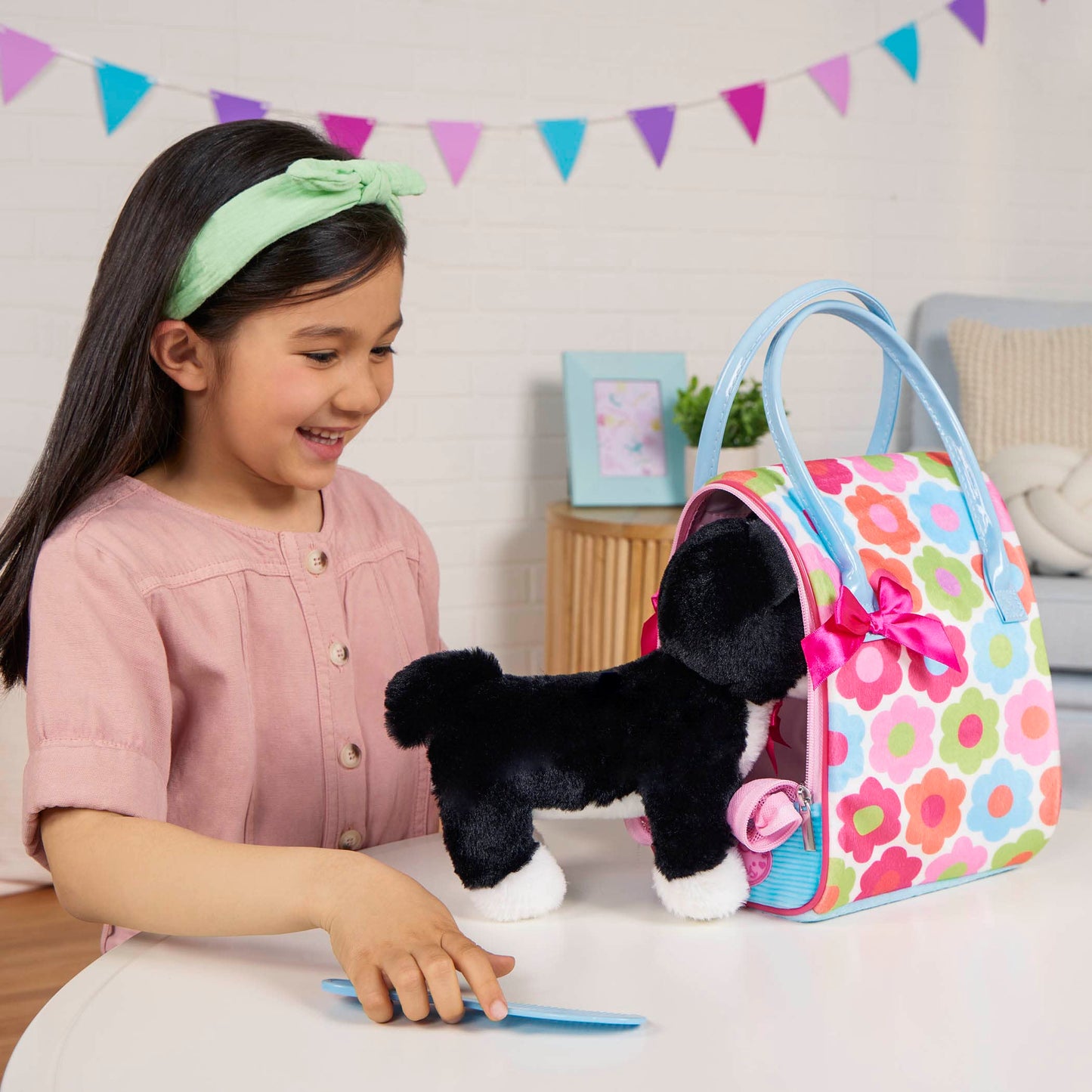 Pucci Pals Plush Puppy Dog Carrier Set, Floral Glam Bag, Boston Terrier