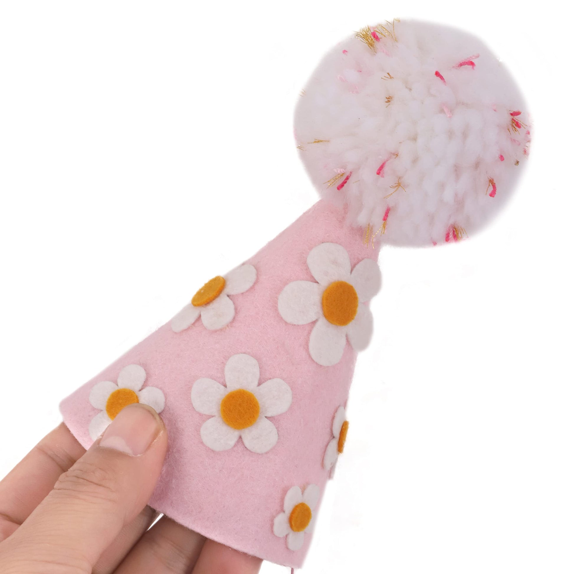 LINLULU Pink Birthday Hat with White Daisy Felt Cloth, Perfect Groovy Party Decorations, Kids Photoshoot Prop, Ages 1-99, Pink