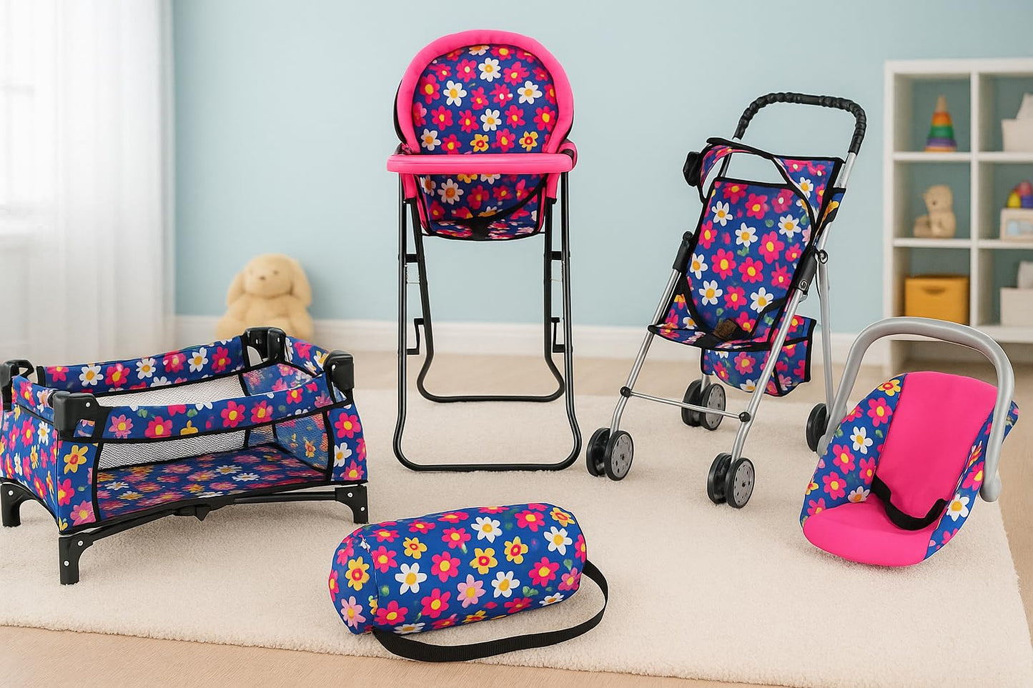 fash n kolor 4 Piece Baby Doll Play Set Flower Design Includes - Foldable Pack N Play, Baby Doll Stroller, Baby Doll High Chair, Infant Seat, Fits Up