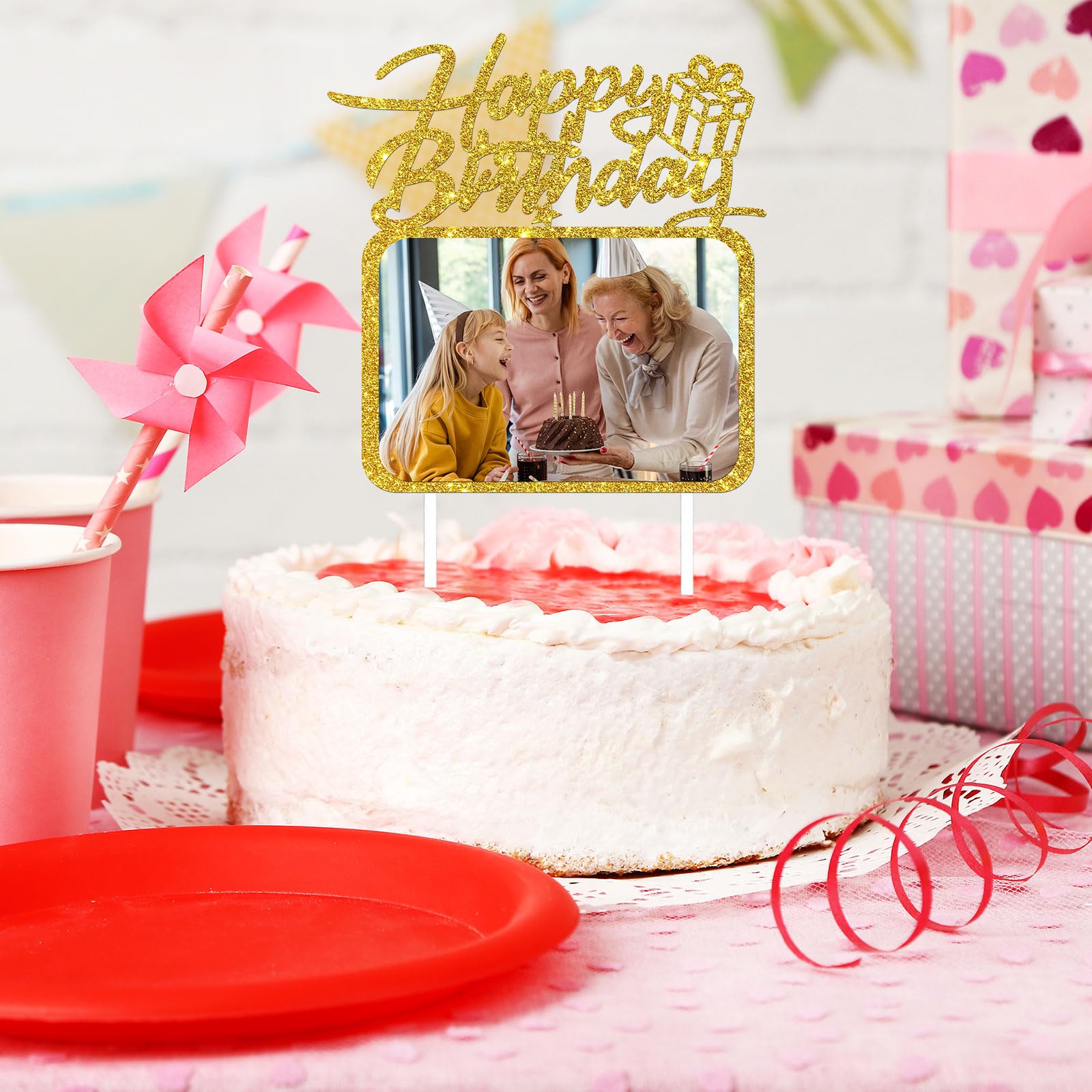 Happy Birthday Cake Topper with Photo Frame, Girl Boy Woman Man Birthday Photo Picture Cake Topper, Anniversary Party Cake Decorations Gold Glitter