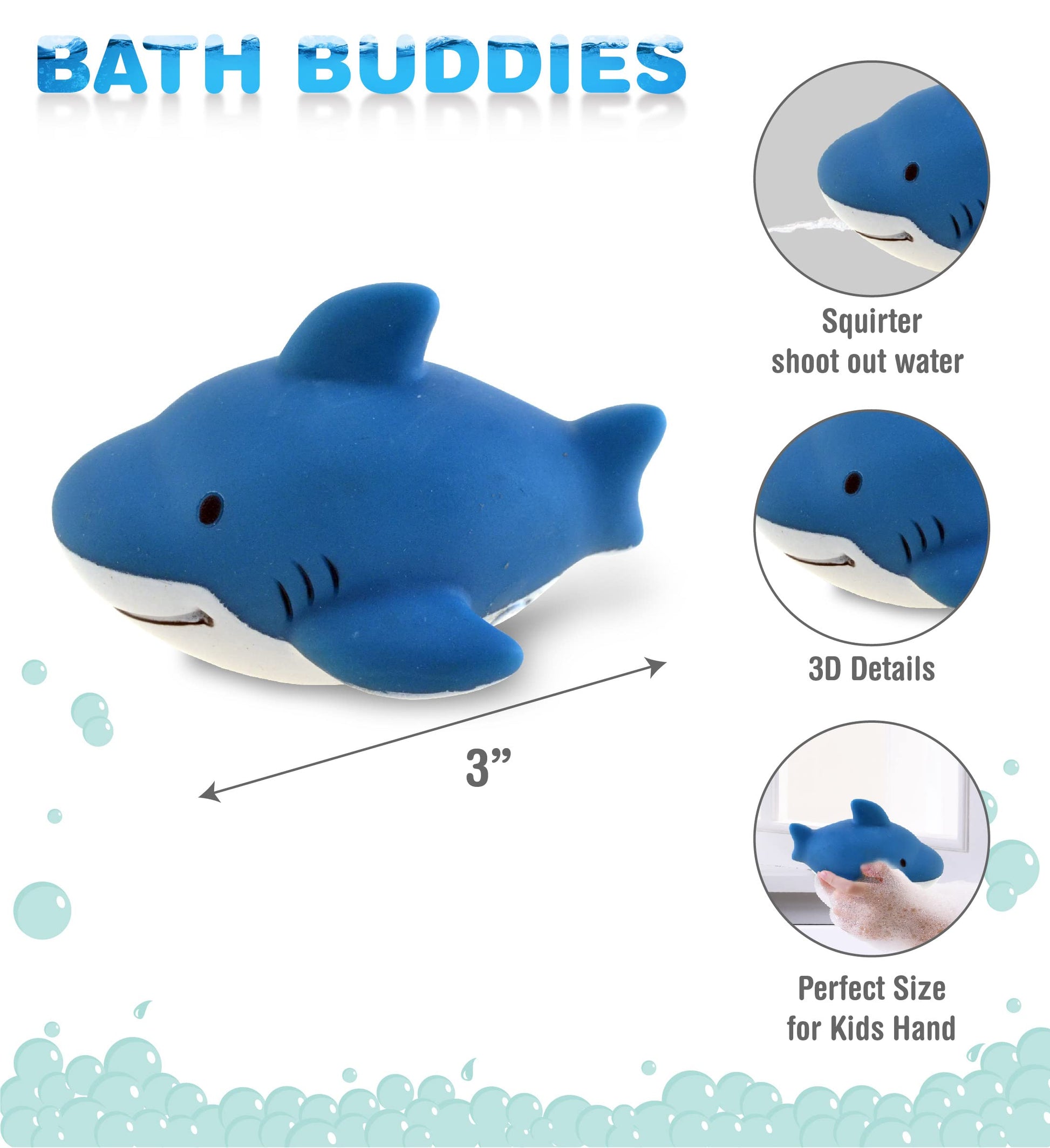 DolliBu Shark Bath Buddy Squirter - Floating Blue Shark Rubber Bath Toy, Fun Water Squirting Bathtime Play For Toddlers, Cute & Soft Sea Life Animal