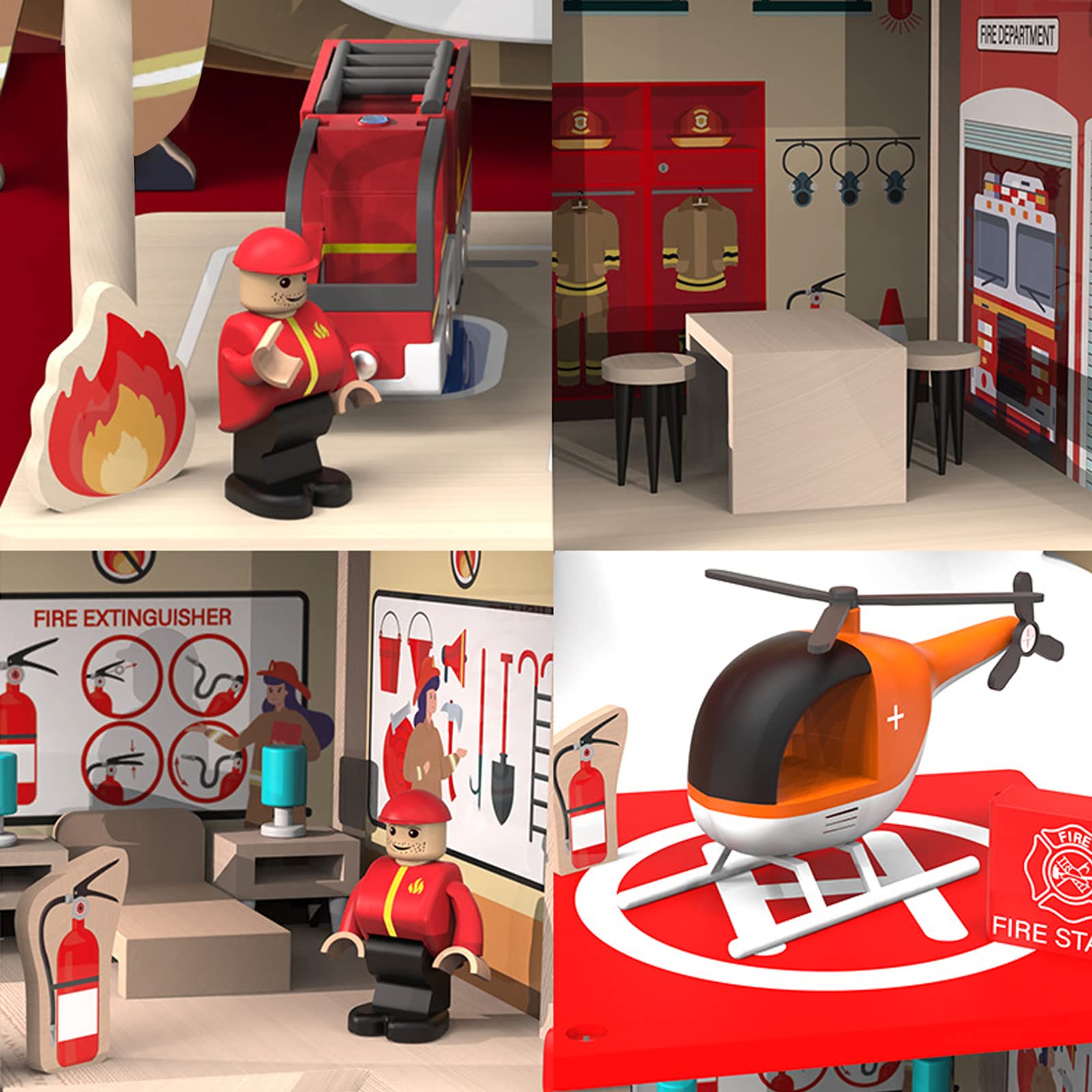 BBtinker Wooden Fire Station Playset, Multicolor 3-Level Pretend Play Dollhouse with Figures, Truck, Helicopter and Accessories, Preschool Learning