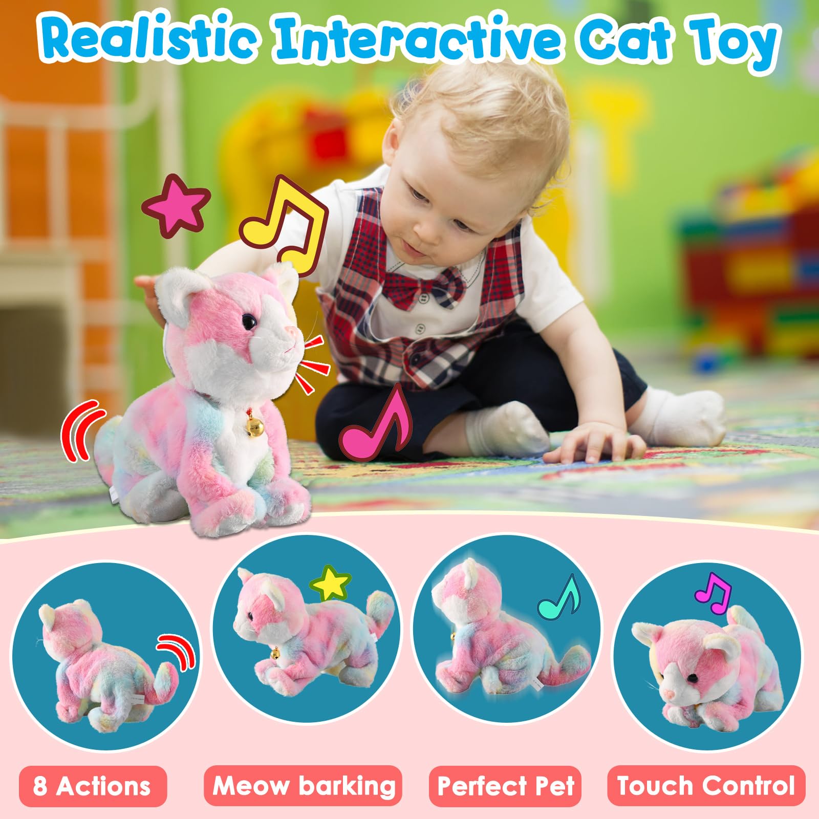 Colorful Plush Robot Cat Stuffed Animal Interactive Cat Robot Toy, Robotic Cat Barking Meow Kitten Touch Control, Animated Kitty Cat Pet, Robot Kitty