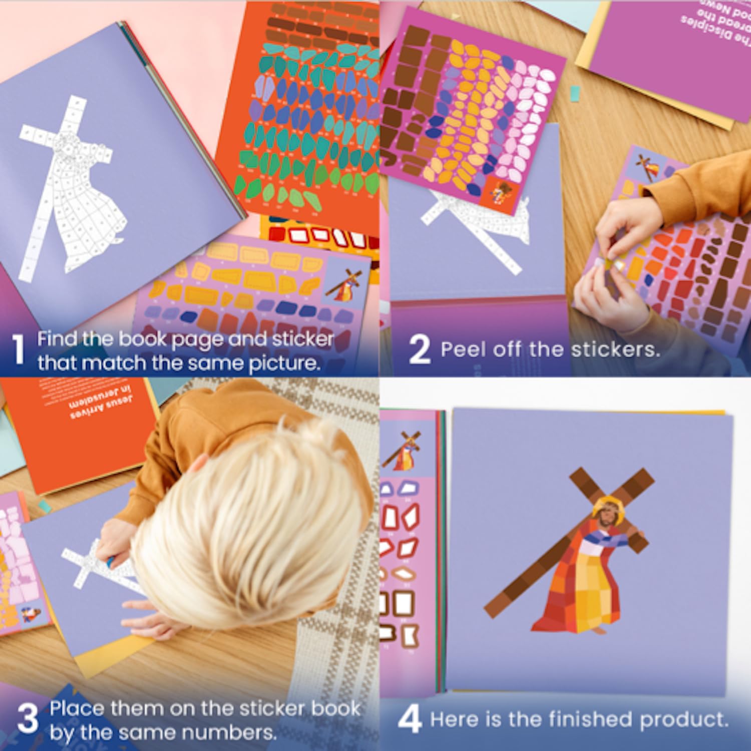 PRAY BY STICKER Book - Story of The Cross Religious Activity - Interactive Faith-Based Learning with Stickers - 9" x 9" Educational & Spiritual Book