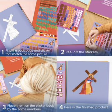 PRAY BY STICKER Book - Story of The Cross Religious Activity - Interactive Faith-Based Learning with Stickers - 9" x 9" Educational & Spiritual Book