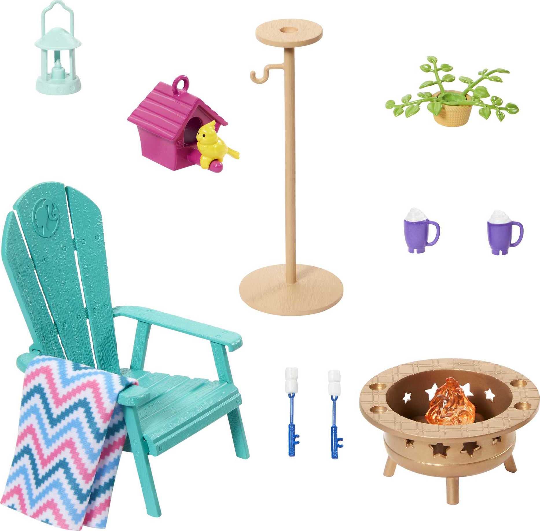 Barbie Furniture & Accessories Set, Doll House Décor, 10+ Pieces for Backyard Patio with Chair, Firepit, Birdhouse, Bird & More