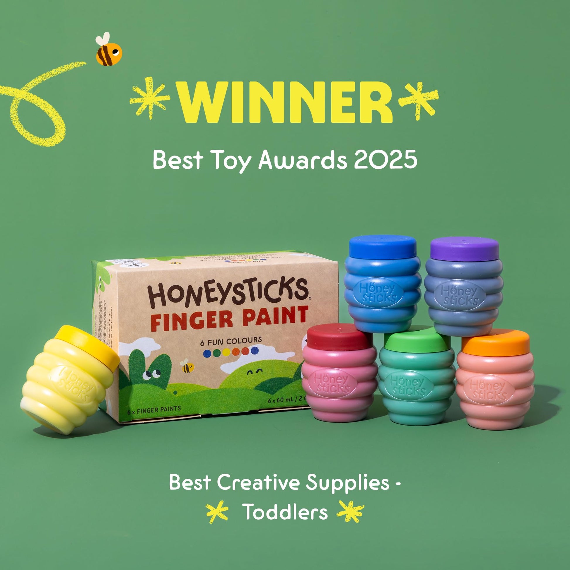 Honeysticks Non Toxic Finger Paint (6 Bright Colors), Washable from Skin, Safe Finger Painting for Toddlers, Kids Ages 1-3, 2-4, 3-5, Perfect First