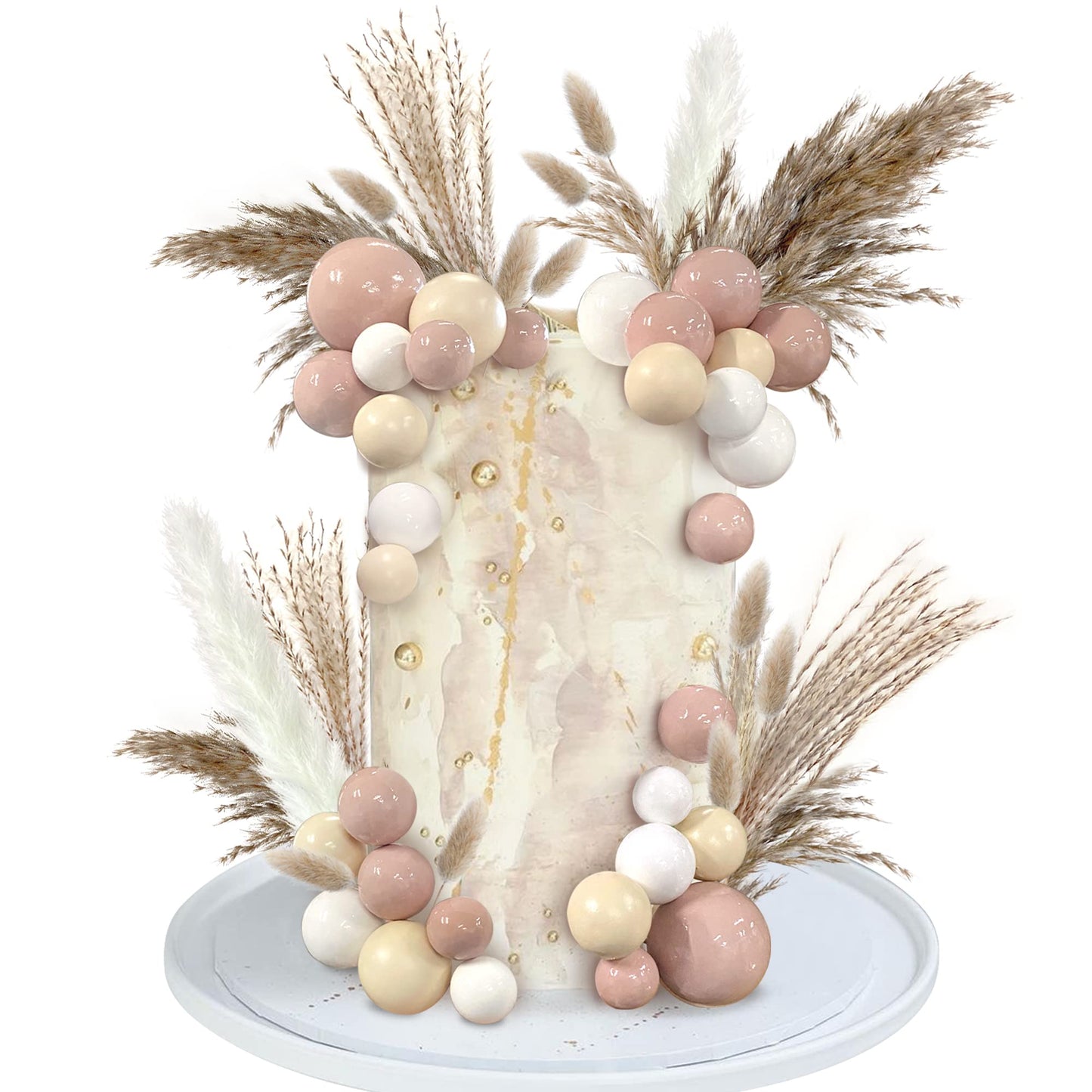 50 PCS Boho Cake Toppers Mini Balls Cake Topper Various Dried Pampas Grass Cake Decor for Boho Home Wedding Cake Decoration (White Apricot Light
