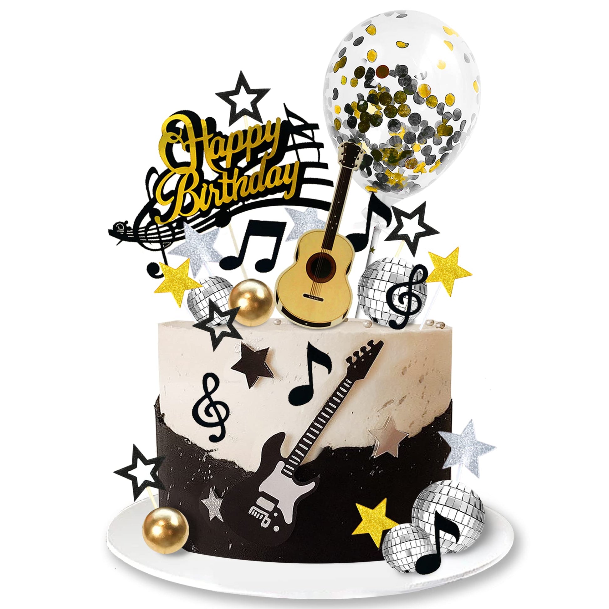 31 PCS Guitar Cake Toppers Music Notes Balls Cake Decorations for Musician Rock Theme Birthday Supplies (Black)