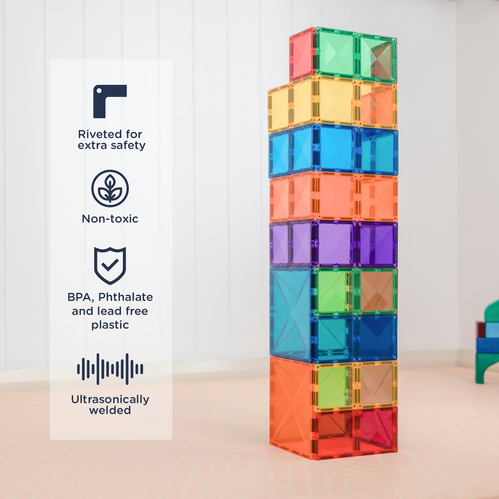 CONNETIX Magnetic Tiles Rainbow Square Pack, 42 Pieces