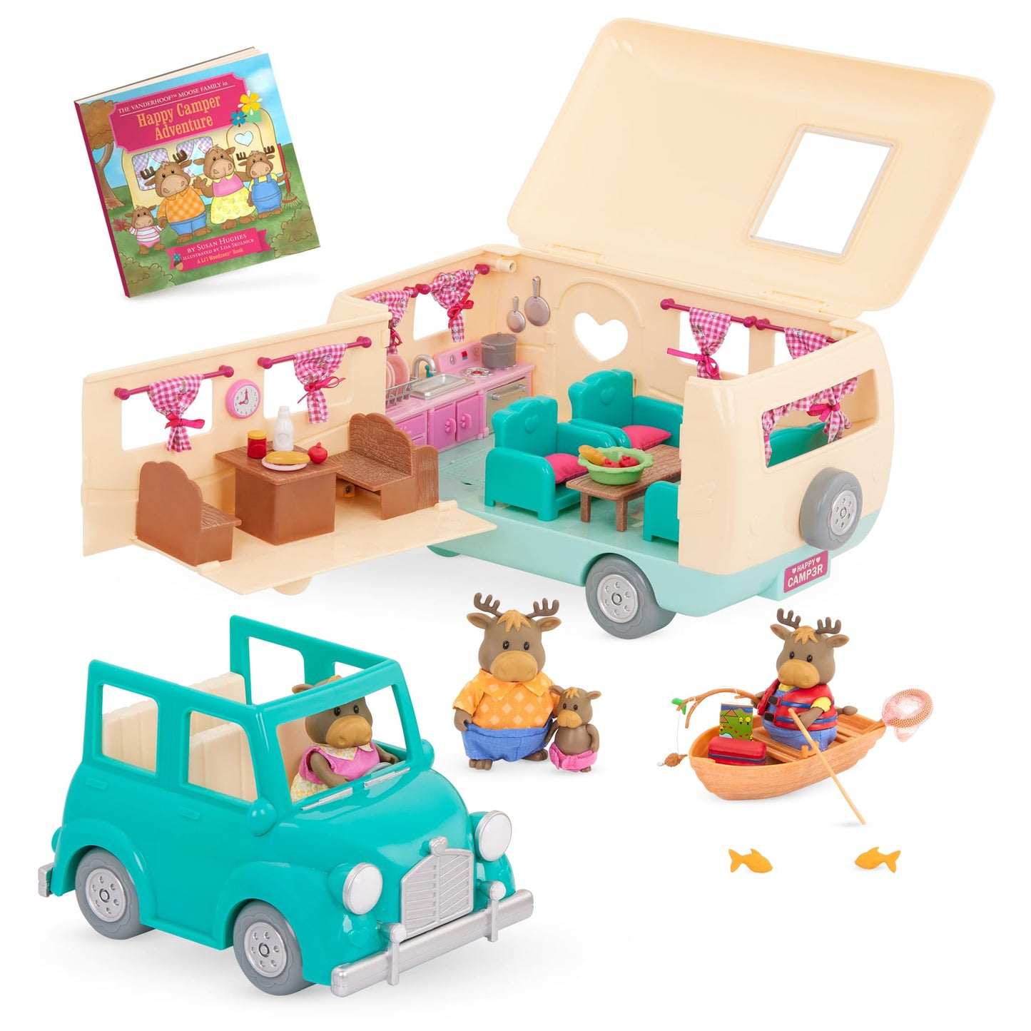 Li'l Woodzeez - 53 Pieces Happy Camper Playset with Moose Family, Detachable RV Trailer & Vehicle - Dollhouse Furniture & Accessories - Pretend Play