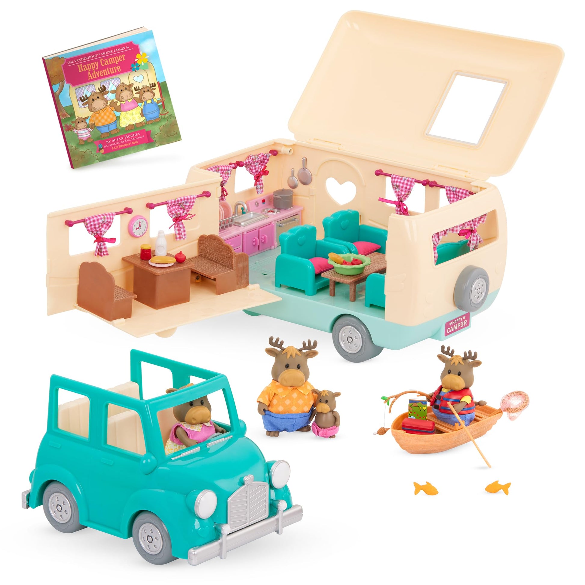 Li'l Woodzeez - 53 Pieces Happy Camper Playset with Moose Family, Detachable RV Trailer & Vehicle - Dollhouse Furniture & Accessories - Pretend Play